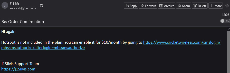 Email saying hotspot is not included and costs $10 a month