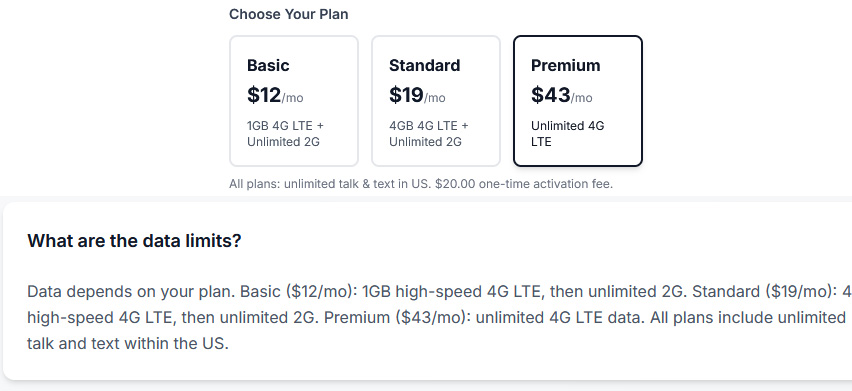 J1Sims plan descriptions showing Premium as unlimited 4G LTE
