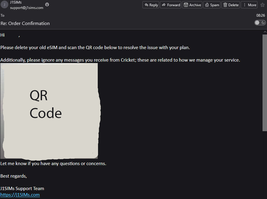 Email with new QR code and instruction to ignore Cricket messages