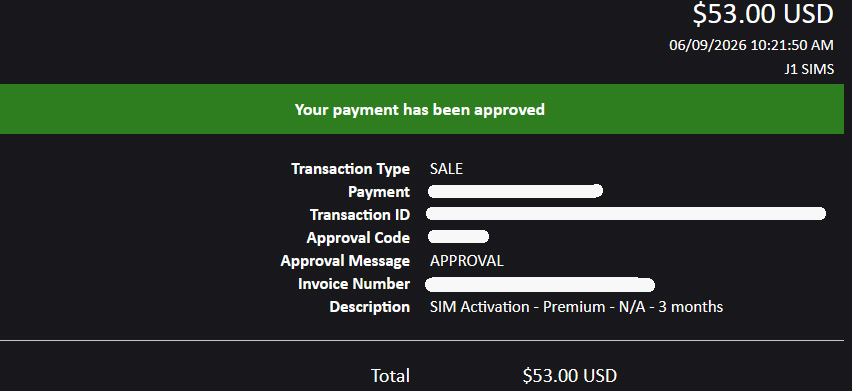 J1Sims payment receipt for $53