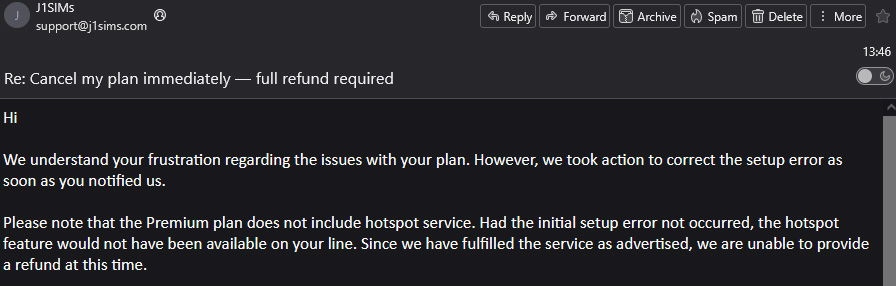 Email refusing the refund