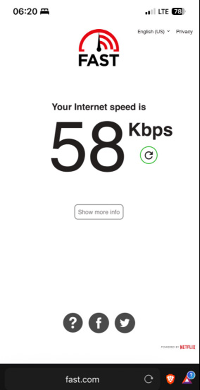 Speed test showing 58 kbps download